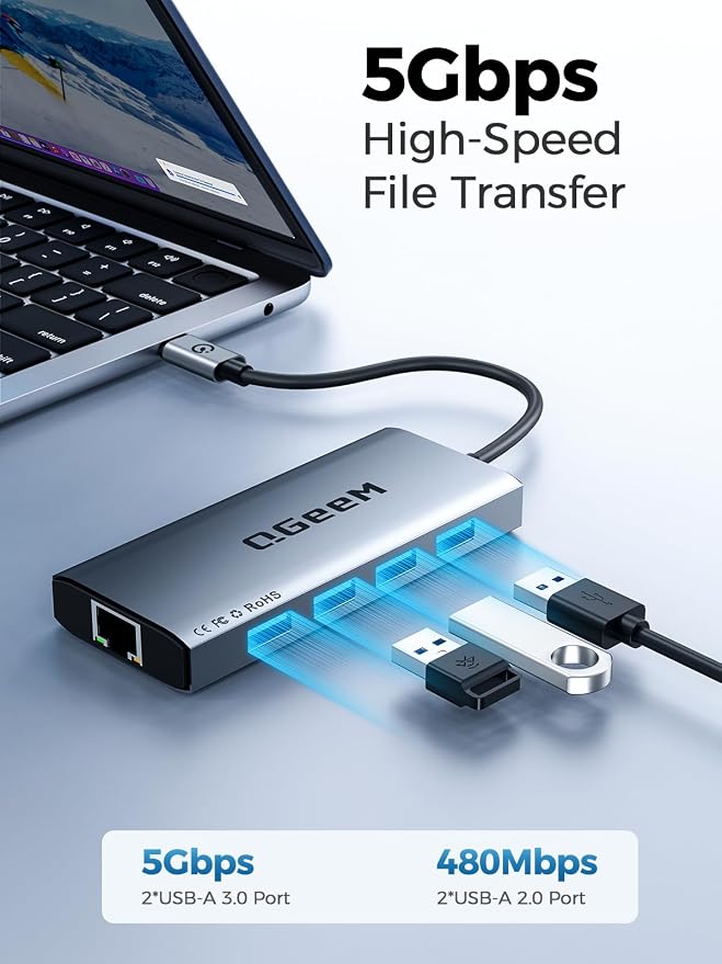 QGeeM USB C Hub Ethernet, 9 in 1 USB Type C Hub HDMI Multi-Port Converter