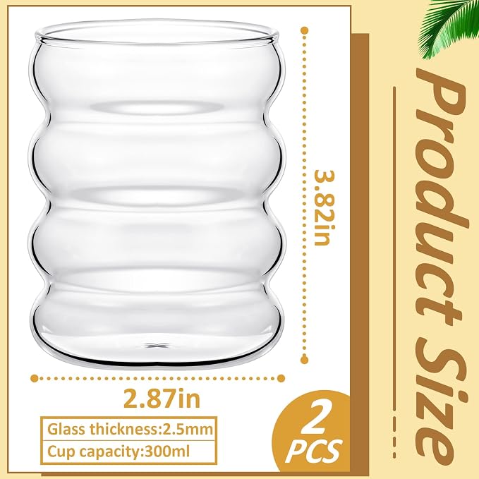 Cunhill 2 Pcs Wave Glass Cup 10 oz Ribbed Bubble Drinking Glassware Creative