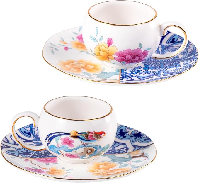 KAMMAK Tea Cups and Saucers Set of 2, Fine Bone China Coffee Cups, GH015 |