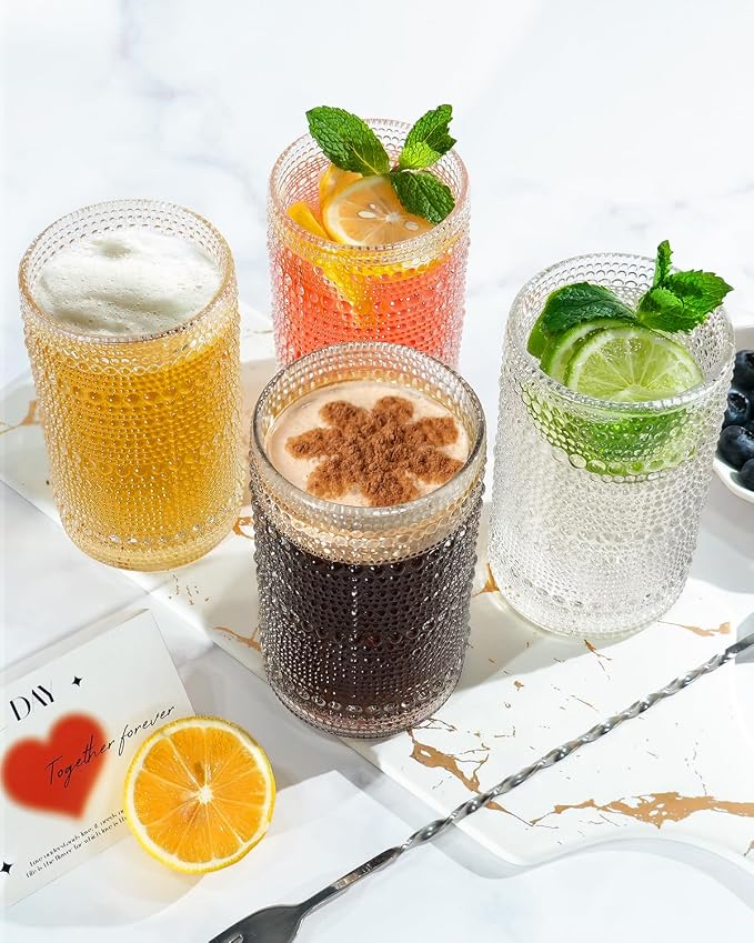 Large Capacity Glasses Drinking Set of 12, 15 oz Vintage Glassware Hobnail