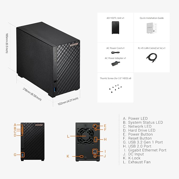 Asustor Drivestor 2 Lite AS1102TL, 2 Bay NAS, 1.7GHz Quad Core, 1GbE Port