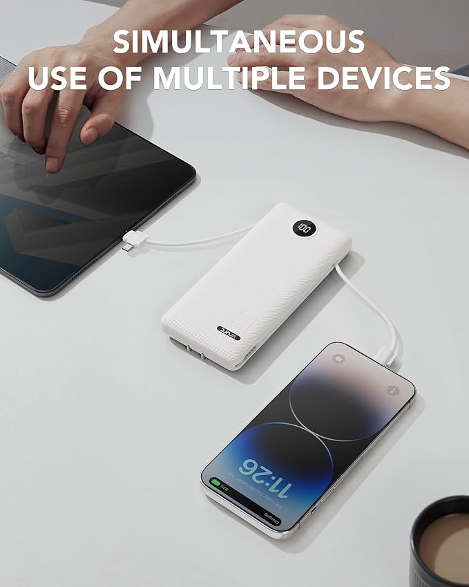VRURC Portable Charger, Power Bank Built-in Cables and AC Wall Plug, USB C