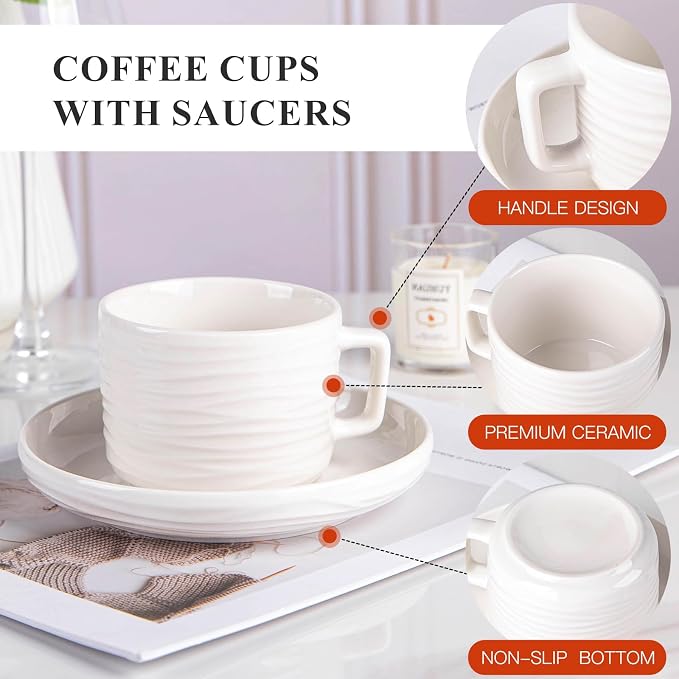 Tea Cups and Saucers Set, 8 OZ White Porcelain Coffee Cups | British Tea Set of