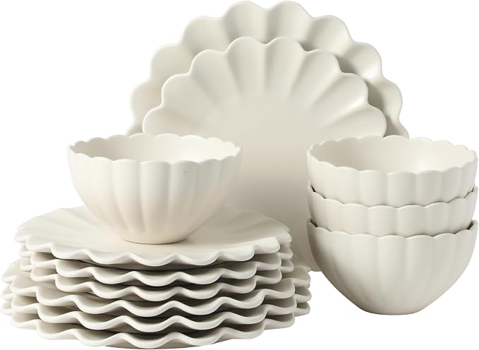 Gibson Elite Bistro Fleur Plates and Bowls Sets, 12-Piece Stoneware Dinnerware