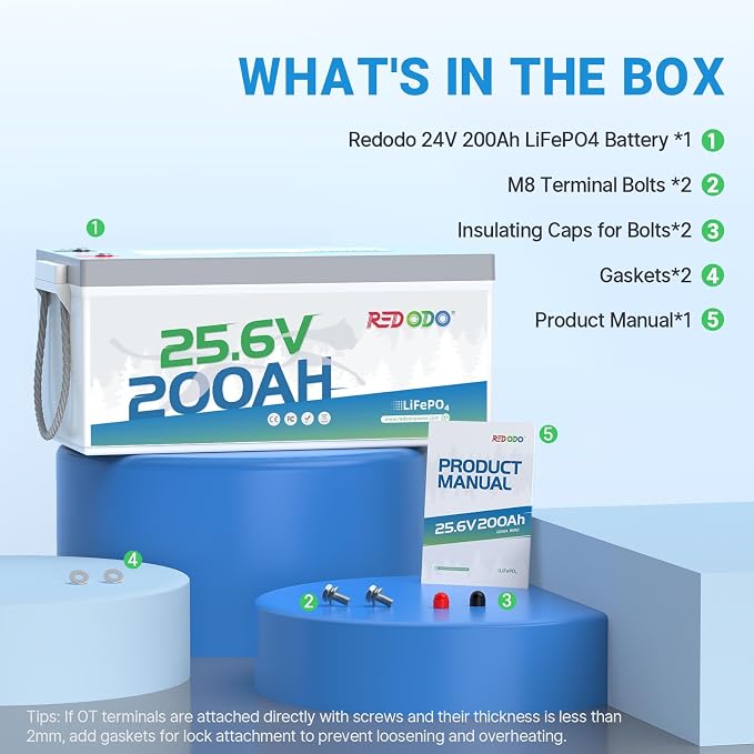 Redodo 24V 200Ah LiFePO4 Lithium Battery, Built in 200A BMS, Max. 5120Wh Energy