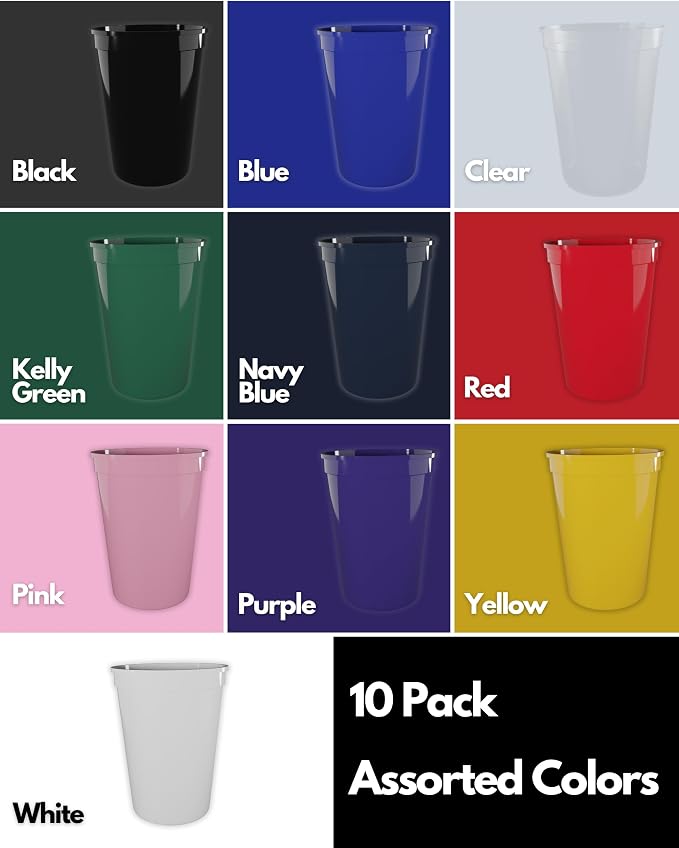 PartyPrints 10 Pack 16 oz Assorted Reusable Blank Plastic Cups, Stadium Cups