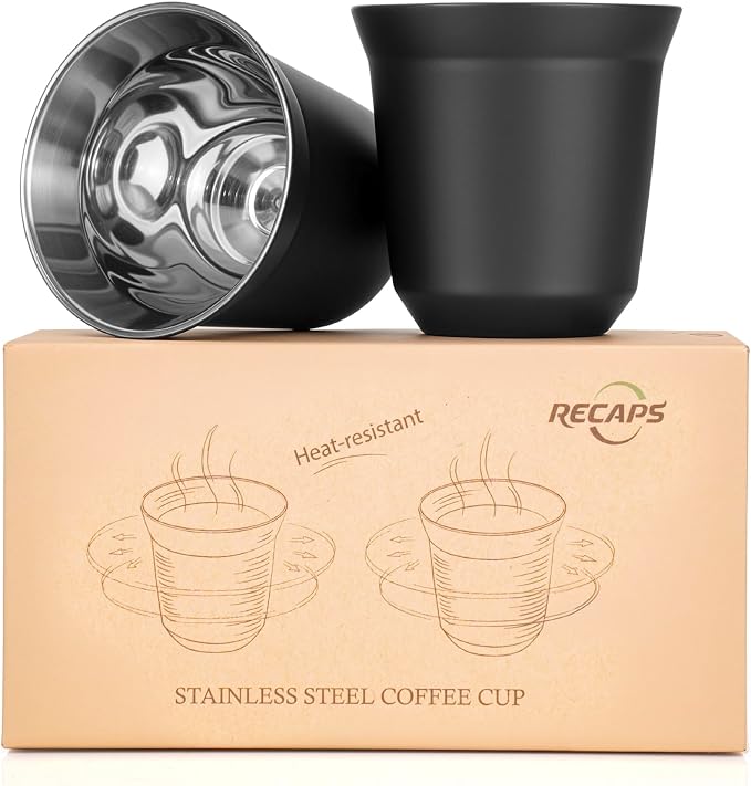 RECAPS 80ml Stainless Steel Espresso Cups Set | 2 Pack Double Wall 304