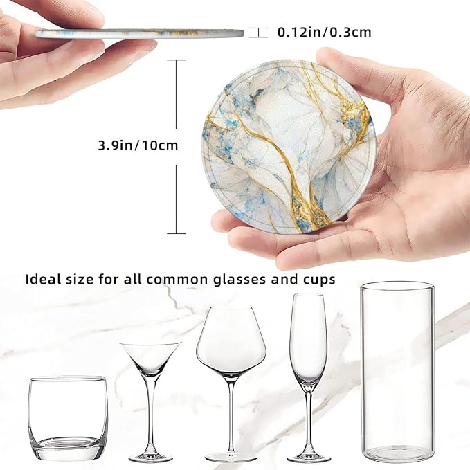 6 Pcs Abstract Luxury Blue Gold White Colors Marble Leather Coasters