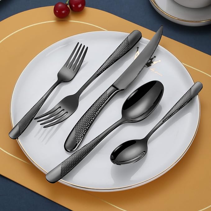 40-Piece Hammered Black Silverware Set