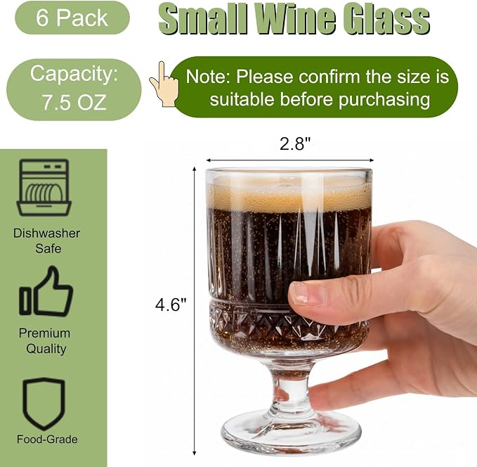 6 Pack Vintage Glass Goblets, 7.5 OZ Small Clear Wine Glasses, Retro Embossed