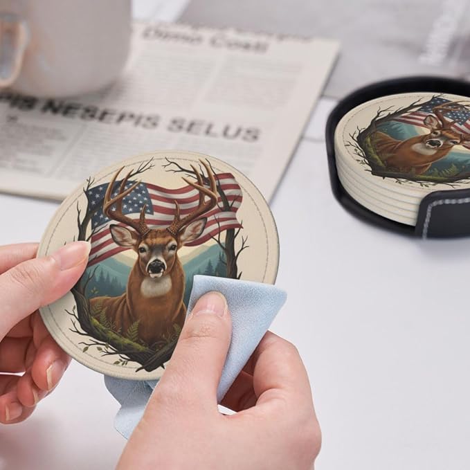Rustic Patriotic Deer Antler Art Leather Coasters Set of 6
