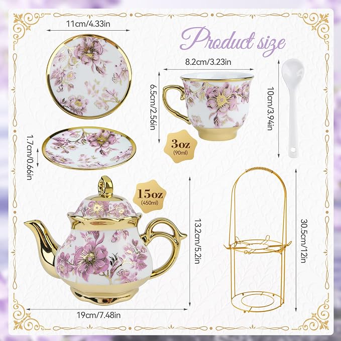 20 Pcs Porcelain Tea Set With Metal Holder,