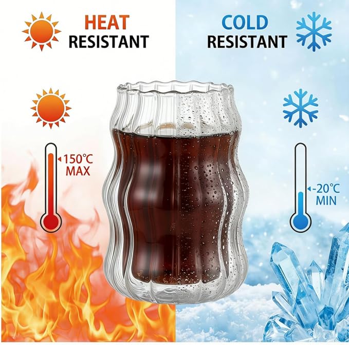 Tebery 4 Pack Cute Drinking Glasses, 16 Oz Ribbed Iced Coffee Cup Tumbler