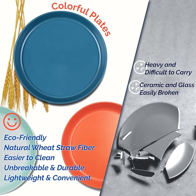 10 Inch Large Plastic Dinner Plates Set of 8 Wheat Straw Plates