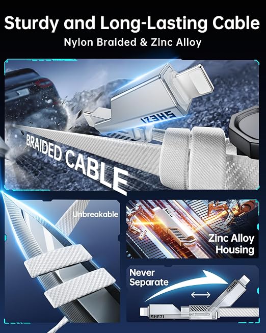 SHEZI 4-in-1 USB C Cable 60W 5FT Fast Charging Flat Nylon Braided Charger Cord