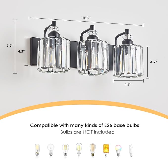 3-Light Black Bathroom Light Fixtures Over Mirror Modern Vanity Lights