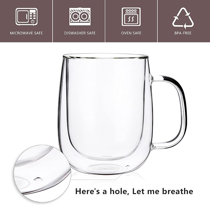CNGLASS Large Double Wall Glass Coffee Mug 15.2oz