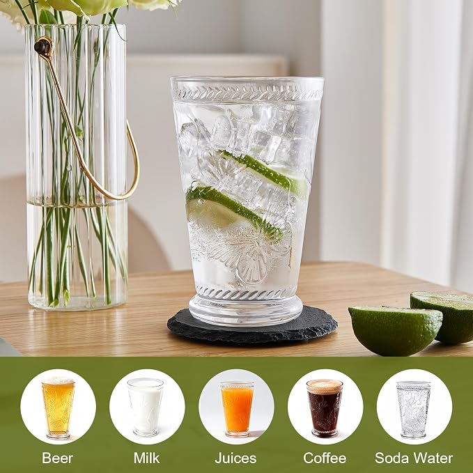 4 Pack Embossed Vintage Mixed Drinking Glasses, 12 Oz & 9 Oz Glasses | Embossed