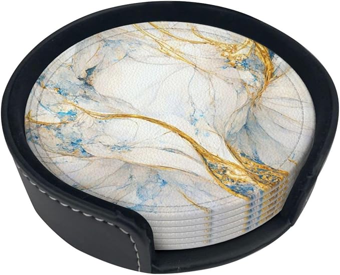 6 Pcs Abstract Luxury Blue Gold White Colors Marble Leather Coasters