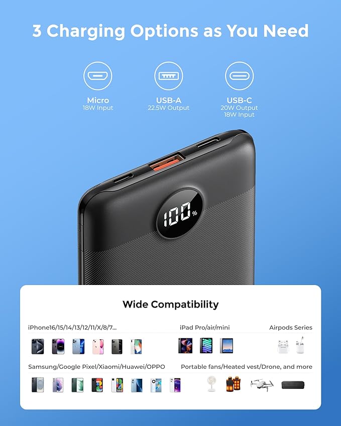 VEEKTOMX Mini Portable Charger 10000mAh, 22.5W Fast-Charging Portable Power