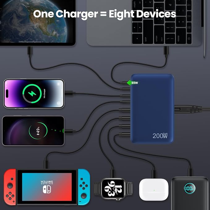 USB C Charger 200W USB C Charger Block, Upgraded GaN III 8-Port Fast Charging