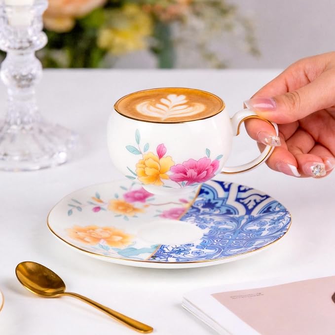 KAMMAK Tea Cups and Saucers Set of 2, Fine Bone China Coffee Cups, GH015 |