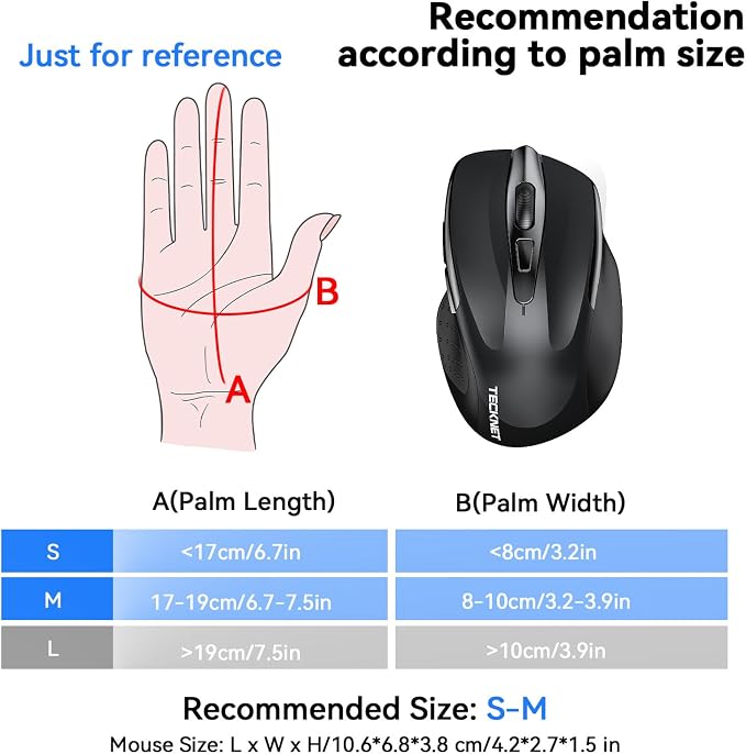 TECKNET Wireless Mouse Rechargeable 4800 DPI Silent USB A & Bluetooth Mouse 6