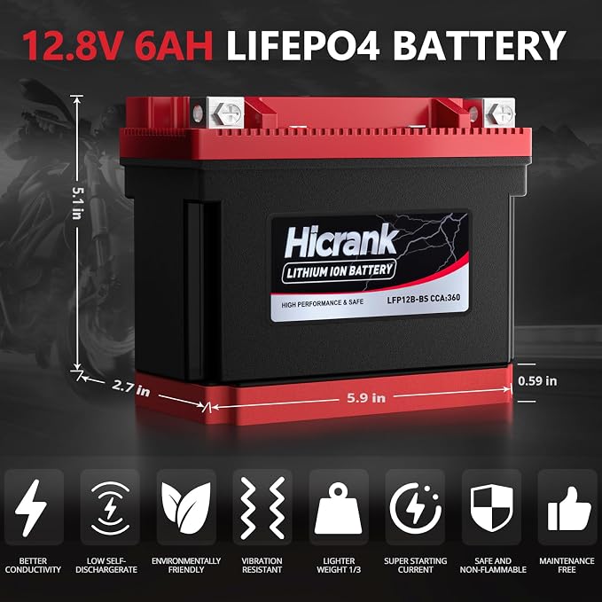 YT12B-BS Lithium 12V 6Ah 360CCA LiFePO4 Motorcycle Battery, Powersports Battery