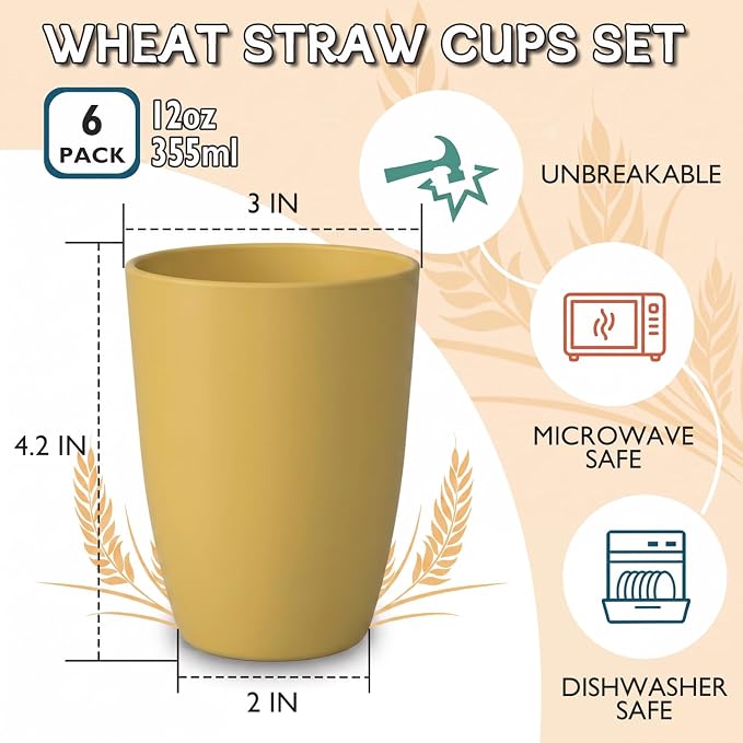 Wrova Wheat Straw Cups 6 PCS Good Alternative to Plastic Reusable Cups 12 oz