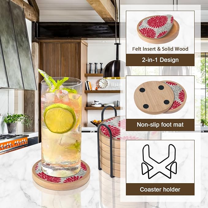 Wood Coasters Set of 6 with Holder, Cewiru Cup Mat