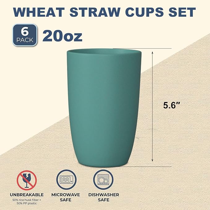 Wrova Wheat Straw Cups 6 PCS Good Alternative to Plastic Reusable Cups 20 oz