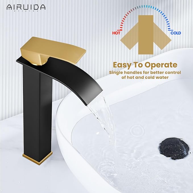 Waterfall Bathroom Tall Vessel Faucet Matte Black&Brushed Gold Vanity
