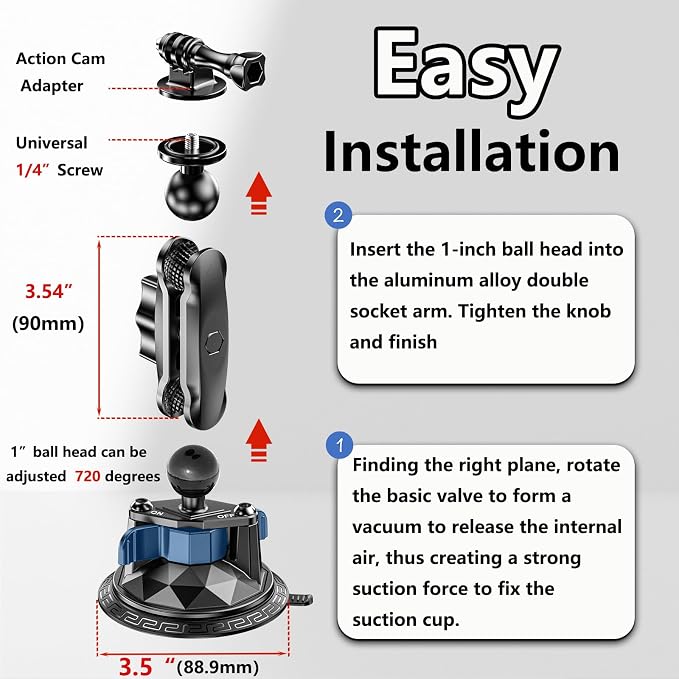 Camera Suction Cup Mount with Ball Head Magic Arm, Twist-Lock Composite Suction