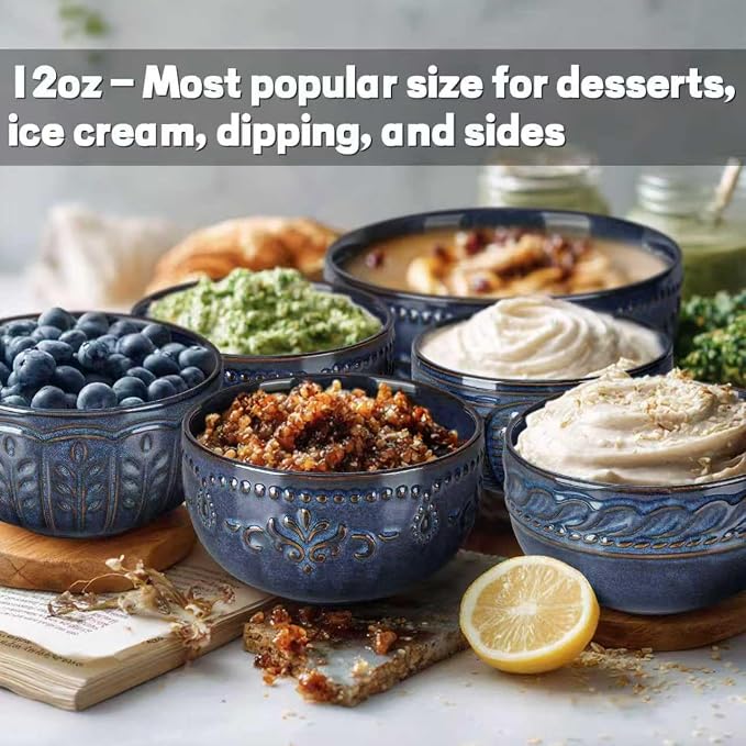 Small Bowls Set of 4, 12 oz Ceramic Embossment Dessert Bowls, Bowl