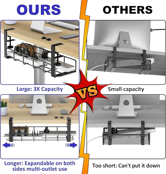 Under Desk Cable Management Tray, 31.5'' No Drill Steel Cable Tray Organizers