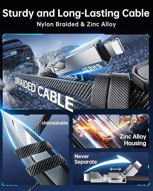 SHEZI 4-in-1 USB C Cable 240W 5FT Flat Nylon Braided Multi Charger Cord Wire