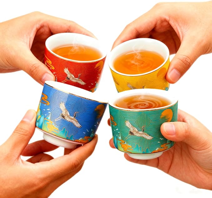Chinese Tea Cups Set of 4, Crane Pattern Enamel Ceramic Cup, 4.3 oz | Handleless