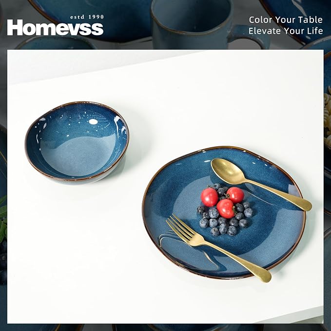 Highland 16pc Dinnerware Set, Unique Organic Shape Double Bowl, Stoneware Plate