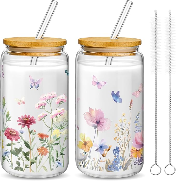 Mumufy 2 Pack Wildflower Glass Cups Gift Aesthetic Cute Glass Cup Tumbler
