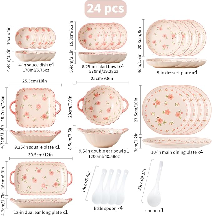 Ceramic Dinnerware Set, Floral Plates and Bowls Sets, Microwave & Dishwasher