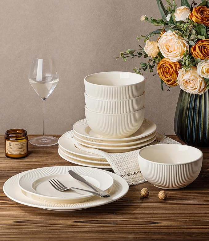 Ceramic Dinnerware Set for 4, 12-Piece Plates and Bowls Set | Lightweight