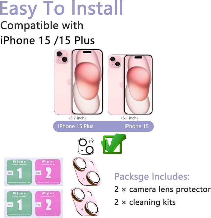 2 Pack Camera Lens Protector for iPhone 15 / iPhone 15 Plus, AR Tempered Glass