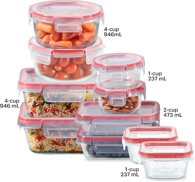 Pyrex Freshlock Mixed Sizes Airtight Glass Food Storage Set | Plastic BPA-free