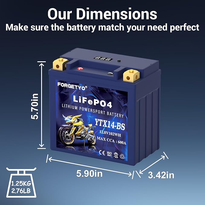 YTX14-BS Lithium Motorcycle Battery, ATV Battery 12V 8AH 600CCA Compatible