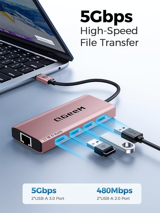 QGeeM USB C Hub Ethernet, 9 in 1 USB Type C Hub HDMI Multi-Port Converter