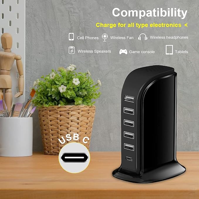 Charger Block 6 in 1 Upoy, 40W USB C Charger 3A, Charging Hub