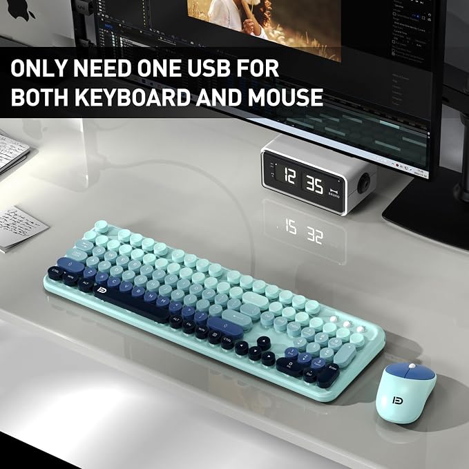 Wireless Keyboard and Mouse Set, 104 Round Keys Full-Size Cute Colorful