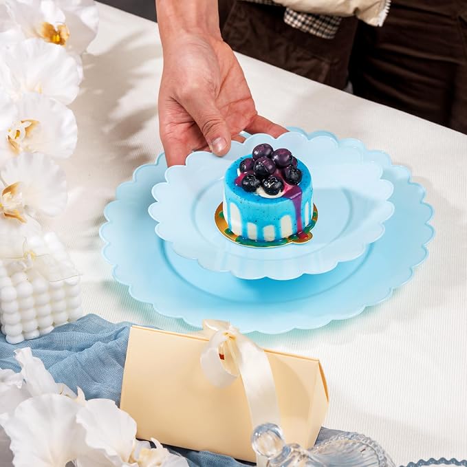 100Pcs Blue Scalloped Plastic Plates Set