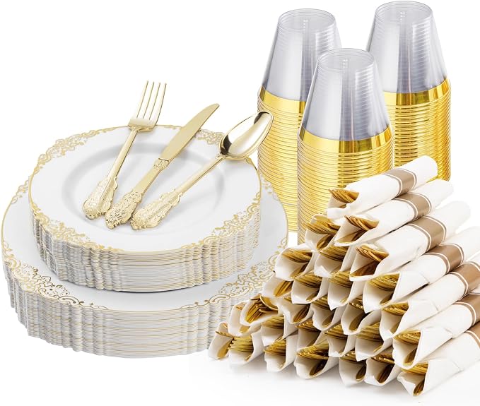 Bestluck 175PCS Gold Disposable Dinnerware