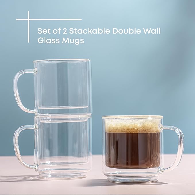 JoyJolt Haven Stackable Double Wall Glass Mugs, Double Wall Glass Coffee Cups
